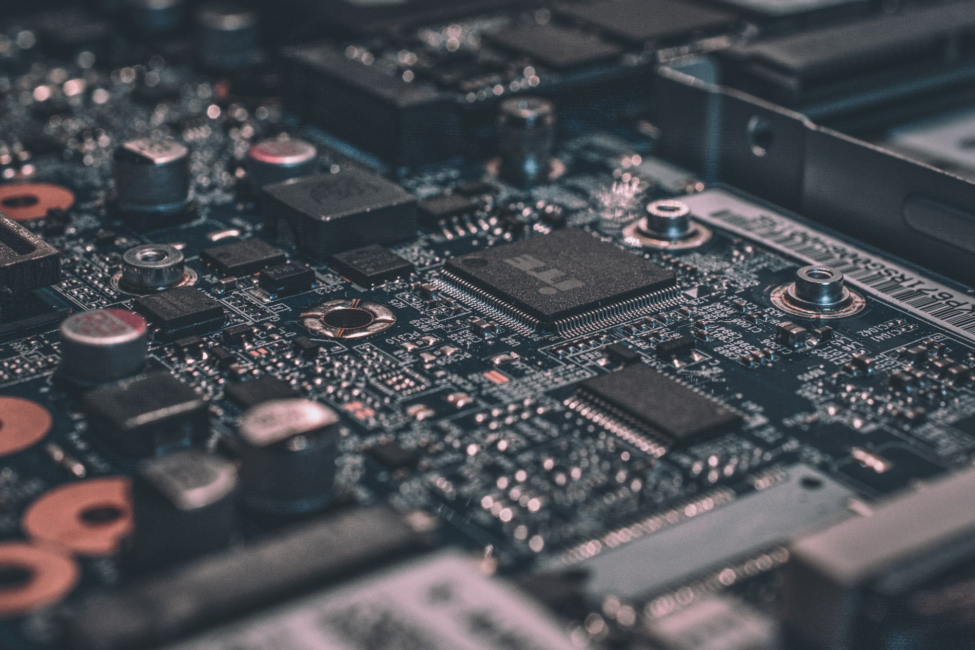 Close-up of an electronics assembly under inspection